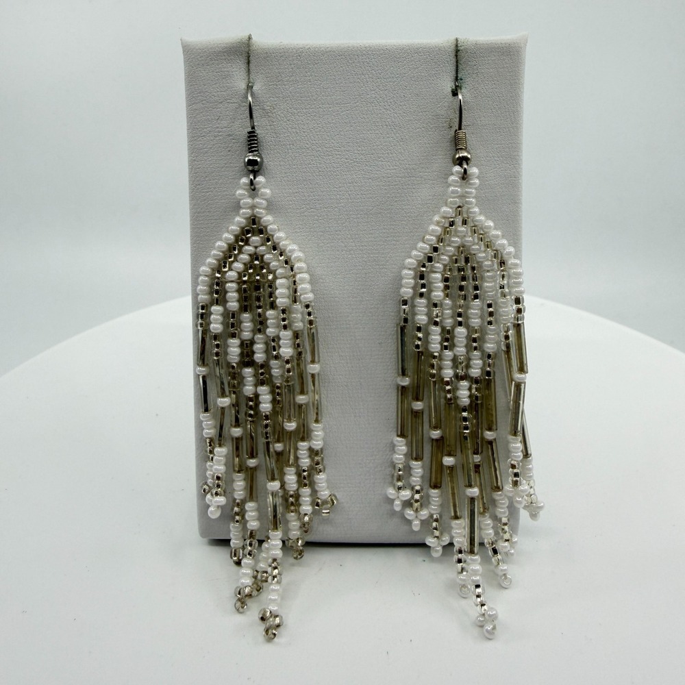 Radiant White Silver Seed Bead Tassel Earrings Boho Festival Gift